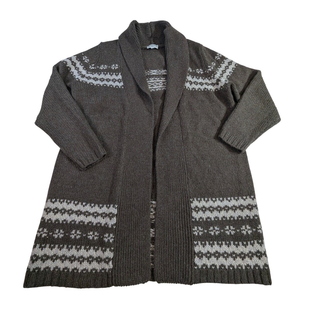 St Johns Bay Women 1X Brown Fair Isle Open Front Long Cardigan‎ Sweater